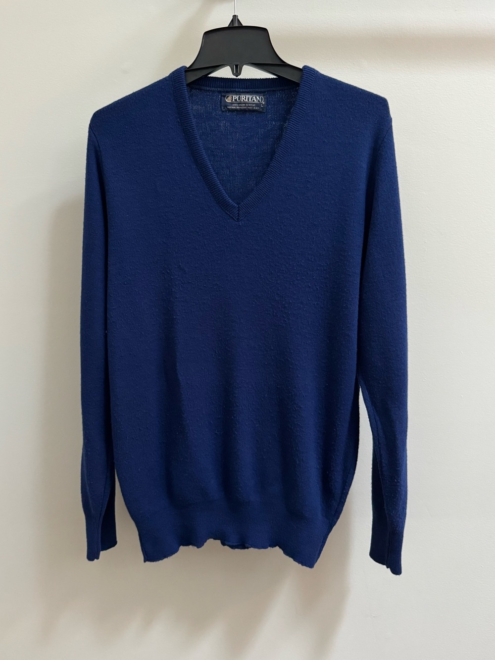 Vintage Puritan Navy Blue V-Neck Orlon Acrylic Knit Sweater L USA Made